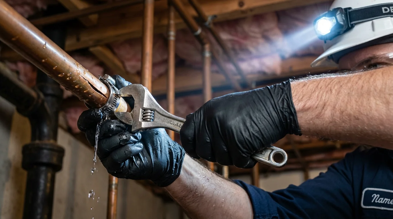 Emergency pipe clamp repair being performed by a Johns Plumbing LLC plumber in Bothell