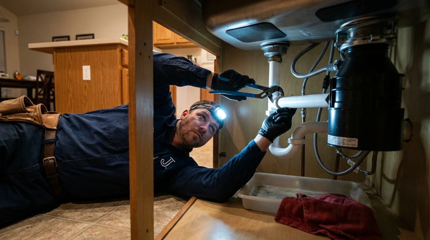 P-trap and supply line connections under a kitchen sink showing a common leak point in Bothell, WA